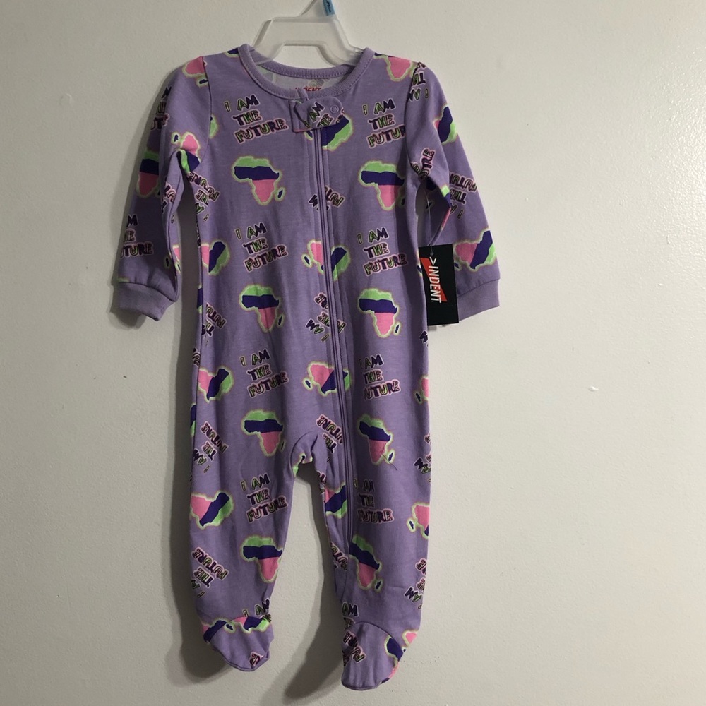 baby girl’s play N Sleep onesie purple I am the Future multi color map.3-6